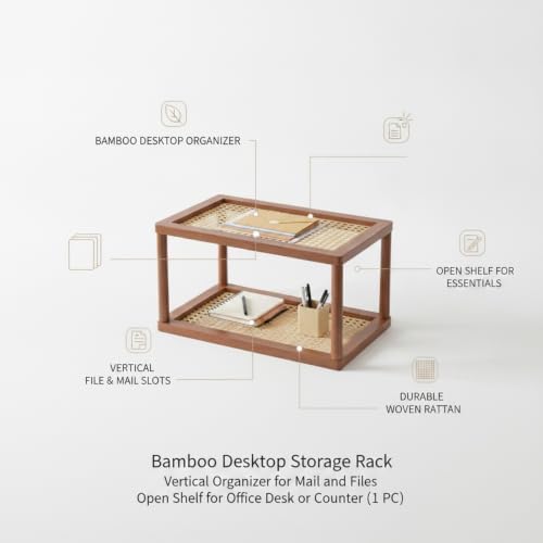 Natural Bamboo Desktop Organizer Rack, Vertical File & Mail Sorter for Office Desk or Kitchen Counter, Sturdy Open Shelf Storage (Brown) - Image 5
