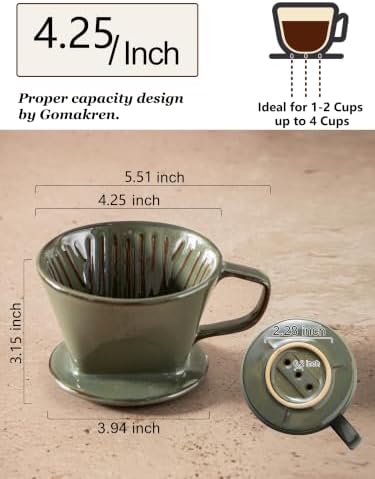 Gomakren Ceramic Pour Over Coffee Dripper, 3-Hole Cone Brewer, Olive Green - Image 2