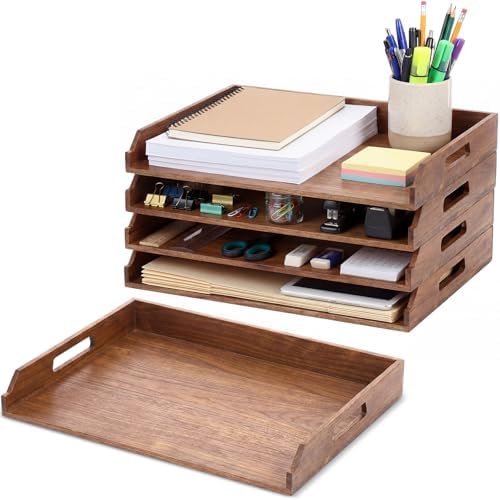 AceOrbit 4 Pcs Stackable Paper Tray Acacia Wood Desk Organizer Letter Tray by Unknown