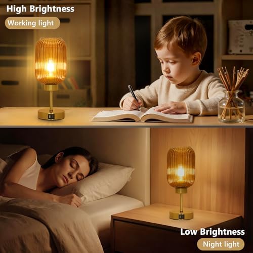 Vintage Gold Table Lamps Set of 2 Touch Control, Small Desk Lamp with Amber Glass Shade, Bulb, Charging Port, Mid Century Modern Bedside Lamp, 3 Way Dimmable Nightstand Lamp for Bedroom Living Room - Image 3