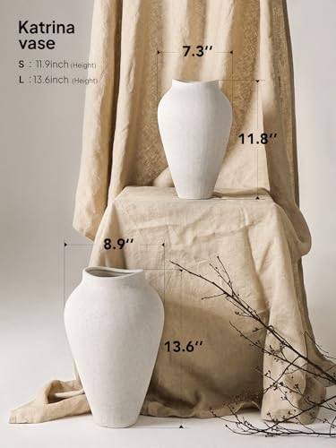 White Ceramic Vase - Large 11.8 Inch Tall Floor Vase for Centerpieces, Farmhouse Flower Vases, Rustic Minimalist Home Decor for Living Room, Enterway, Wedding (Sandstone White) - Image 3