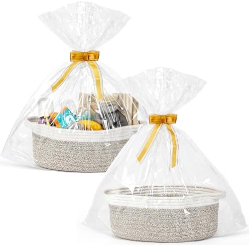 2 Pack Small Woven Basket with Gift Bags and Ribbons, Empty Decorative Gift Chest Box, Cute Baby Gift Basket for Nursery, Cotton Rope Room Shelf Storage Basket with Handles, All 12"x 8"x 5",Brown by MakeLifeBetterEasier