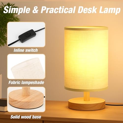 Desk Lamp LED Bulb Included, Small Bedside Table Lamp Plug-in - Classic Wood Base with Flaxen Fabric Shade, Lamps for Night Stands, Simple Nightstand Light for Bedroom, Office, Desk - Image 3