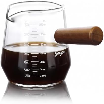 Joeyan 7 oz Glass Measuring Cup with Double Spouts,Espresso Shot Glasses with Wood Handle,Diamond Shaped Espresso Cups,Clear Milk Frothing Pitcher for Coffee,Borosilicate Espresso Accessories by JoeyanHousehold