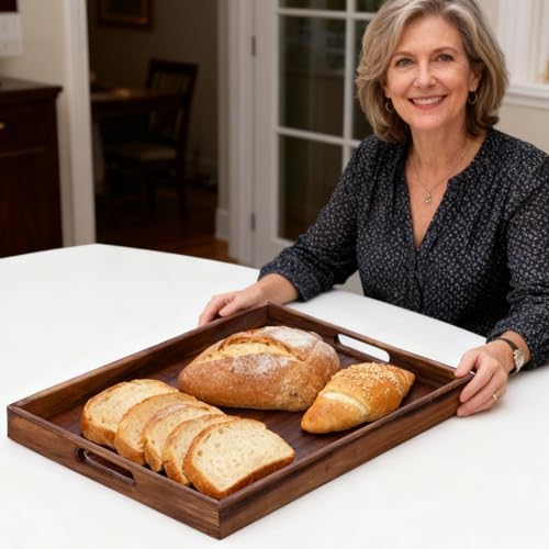 Wooden Serving Tray with Handles, Wood Decorative Trays for Coffee Table Tray, Rectangular Food Trays for Party Platters, Breakfast in Bed, Couch, Ottoman, Dinner, Appetizers, Decor(15.7x11.8x1.6) - Image 5