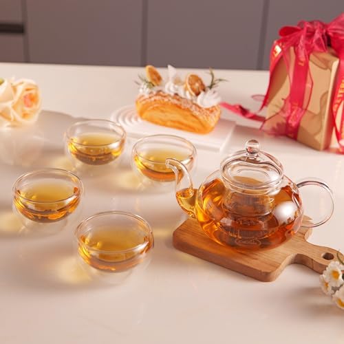 CNGLASS Glass Teapot Set,20oz Clear Tea Pot with 4 Double Wall Teacups,Stovetop Safe Tea Kettle,Blooming Loose Leaf Tea Maker Gift,Microwave Dishwasher Safe - Image 6