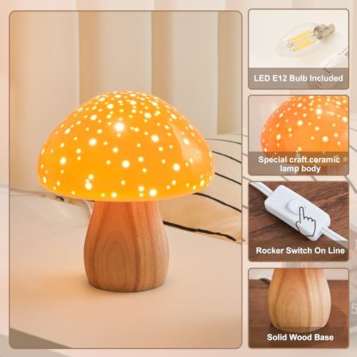 BOHON Mushroom Lamp Ceramic Bedside Table Lamp for Bedroom Orange - Image 6