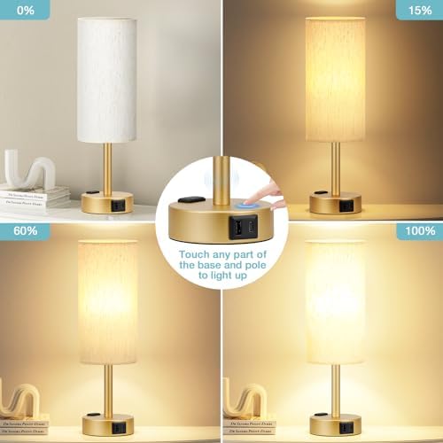 Fenmzee Gold Bedside Lamp for Bedroom, Dimmable Touch, USB A+C, AC Outlet - Image 2