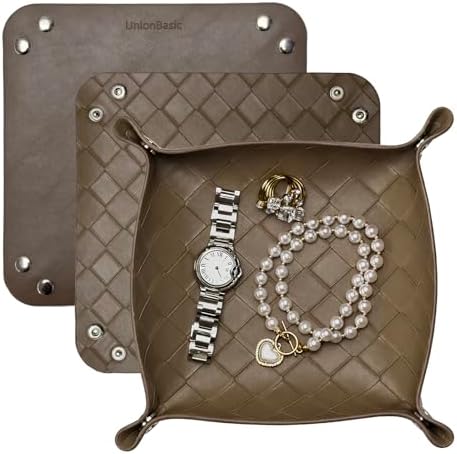 UnionBasic Small Valet Tray, Jewelry Tray for Rings Watches Earrings, Entryway Catchall Caddy for Coins Keys Change, Nightstand Bedside Valet Holder, Trays for Electronic Gadgets, Woven Tobacco Brown by UnionBasic