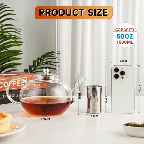 50OZ/1500ML Glass Teapot with Stainless Steel Removable Infuser & Lid, Stovetop & Microwave Safe Clear Borosilicate Glass Tea Maker Water Kettle for Loose Leaf Blooming Tea - Image 2