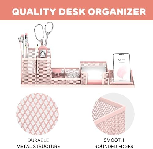 Pen Holder for Desk, 6-Piece Mesh Desk Organizer with Phone Holder, Pink - Image 4