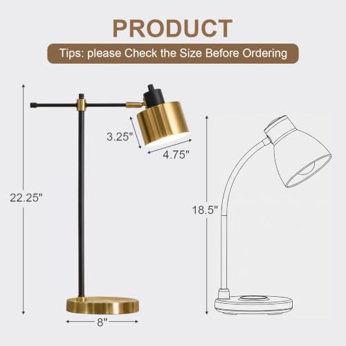 OYEARS 22.2" Modern Desk Lamp, Metal Table Lamp with LED Bulb, Adjustable Reading Lamps for Living Room, Mid Century Task Lamp for Home Office, Industrial Bedside Lamps with Solid Base,Black and Gold - Image 5