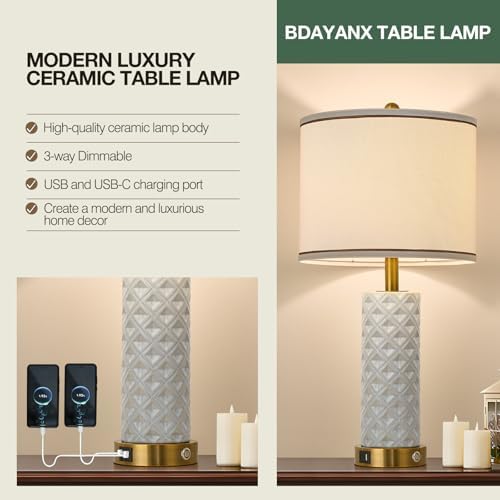 Set of 2 Table Lamp for Living Room Bedroom Farmhouse,26'' Touch Control Bedroom Ceramic Lamps 3-Way Dimmable Bedside Lamps with USB A+C Ports Linen Shade for Home(2 Bulbs Included) - Image 4