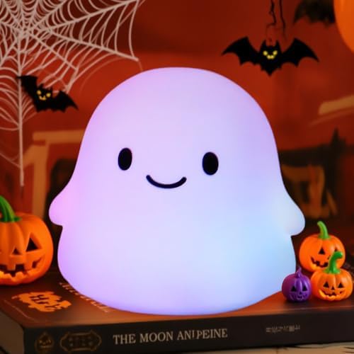 Rytinazzz Halloween Ghost Night Light, Color-Changing & 50-Hour Battery, Spooky-Cute Squishy Lamp for Kids, USB Rechargeable with Timer, Halloween Decor & Gifts by Rytinazzz
