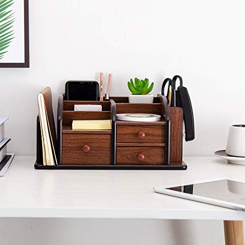 Liry Products Brown Wooden Desk Organizer Multiple Compartments 3 Drawers Slots 2 Shelves Racks Holder Office Supplies Caddy Tabletop Storage Desktop Stationery Accessory Sorter Home Kitchen - Image 6