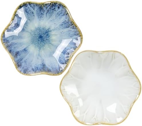 2Pcs Ceramic Jewelry Dish - Lotus Leaf Shape, for Ring Holder Necklace Small Key, Suitable for Mother Friend Sister, Gifts for Women, Cute Plate Trinket Tray, Home Decor (Light Blue & White) by Koyzsen