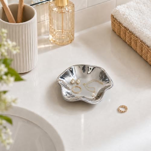 Ceramic Jewelry Tray, Lotus Leaf Ring Dish, Trinket tray Necklace Earrings small jewelry dish, Decorative Bowl for Dresser and Nightstand, Key Tray for Entryway, Gifts for Women, Silver - Image 3