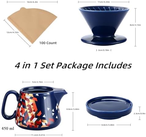 Pour Over Coffee Maker, Ceramic Coffee dripper with 100 pcs Paper Filter, Ceramic coffee Server with Lid, 15.5oz/450 ml, Suitable for 1-2 people (Blue) - Image 5