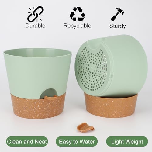YNNICO 10-Inch Plant Pots, Self-Watering Planters with Drainage Holes & Saucers for Indoor and Outdoor Plants (2-Pack, Green) - Image 3