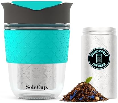 Travel Mug Loose Tea Infuser - Detachable Tea Strainer with Spillproof Lid - BPA-Free Reusable Glass Travel Coffee Cup with Silicone Band (Gray and Blue, 12oz) by SoleCup