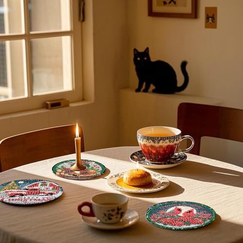 8 Pcs Christmas Diamond Art Painting Coasters Kits,Winter Snowman Coaster with Holder for Adults, Non-Slip DIY Dot Paint Craft Kits,5D Full Drill DIY Diamond Dot Gem Art Kit Home Decor Arts Craft - Image 2