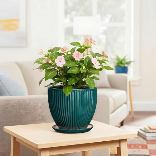 Ceramic Planter, 8 Inch Plant Pots with Drainage Hole and Saucer, Round Flower Pots for Indoor Plants, Modern Decorative Pot for Plants, Bathroom Decor, Gifts for Plant Lovers, Blackish Green - Image 6