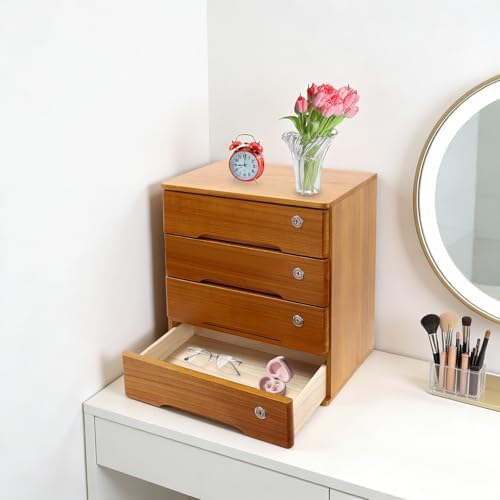 Wooden Desktop Storage Box with Lockable Drawers, Flat File Cabinet Drawer Desktop Storage Box, Countertop Storage Cabinet for Office Home Toiletries Supplies Vanity (Wood yellow, 4 Drawer) - Image 5