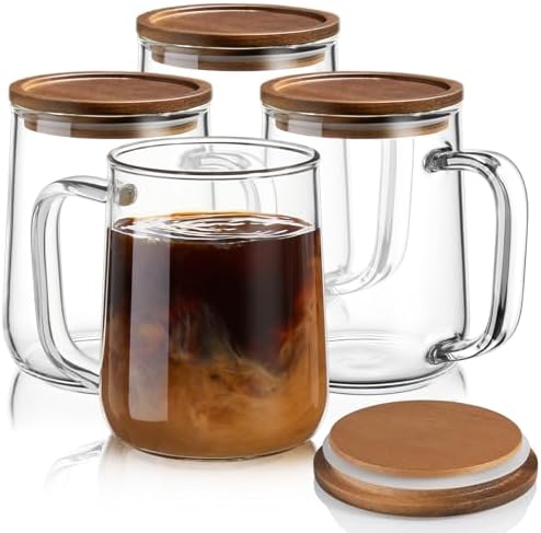 Glass Coffee Mugs, 16 oz Glass Coffee Cups with Acacia Wood Lids, Clear Borosilicate Glass Mugs with Handles for Cappuccino, Tea, Latte, Hot/Cold Beverages, Wine, Americano, Set of 4 by Unknown