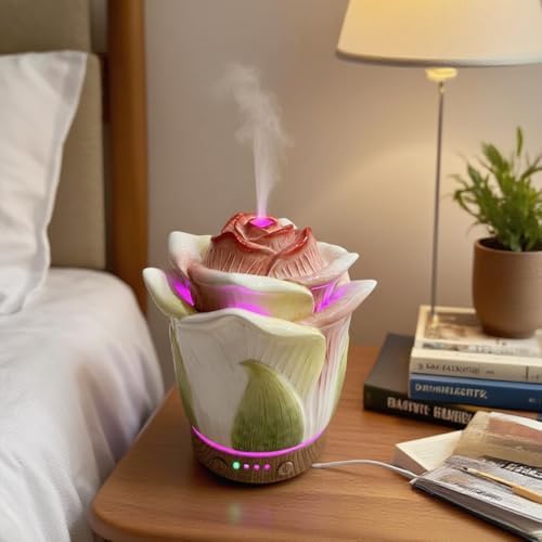 Ceramic Hand-Painted Rose Essential Oil Diffuser ，80 ml Timers Night Lights and Auto Off Function Home Office Humidifier (Champagne) - Image 2
