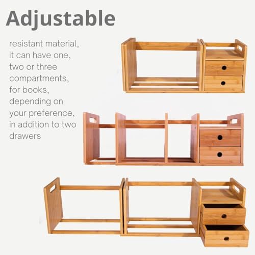 Desktop Bookshelf Expandable with Two Drawer Organizers Made of Bamboo, Collapsible Design & Compartments for Efficient, Clutter-Free Workspace Organization - Sleek Bookshelf - Image 4