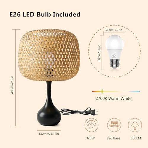 ONEWISH Touch Bedside Lamp for Bedroom, 3-Way Dimmable Table Lamps for Nightstand, Handwoven Bamboo Shade Desk Lamp for Living Room, Home Office - Image 6