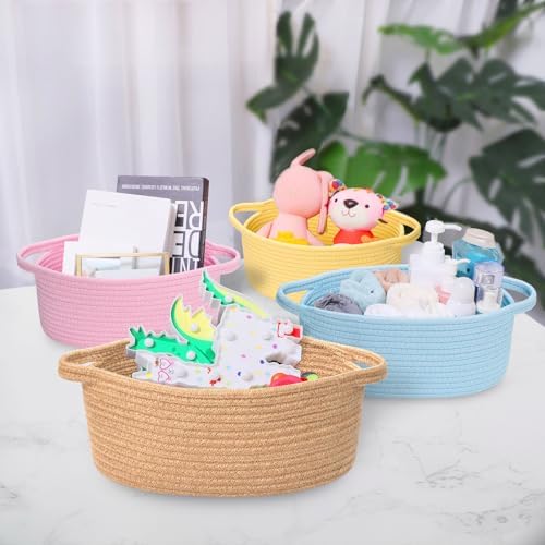 ABenkle Small Basket with Handles, Boho Decorative Rope Woven Dog Cat Toy Storage Bin Shelf Storage Organizer, Easter Christmas Gift Basket, 12"x8"x5" - Image 4