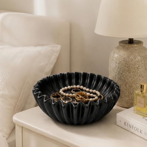 Small Ceramic Bowl Black Decorative Bowl, Modern Home Decor Centerpiece 6 Inches Key Jewelry Ruffle Fluted Scalloped Bowl - Image 6