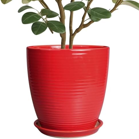Ceramic Planter 10 Inch - Ceramic Pot for Plants Large Plant Pot Indoor with Drainage Hole and Saucer Round Outdoor Planter Modern Flower Pot for Garden House Red by EPFamily