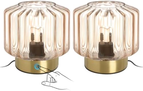 Mid Century Table lamp of 2 Small Table Lamps with Touch Switch Amber Glass Table lamp Gold Desk lamp Modern nightstand lamp Bedside Table Lamps for Bedroom Living Room Office by Auwieou