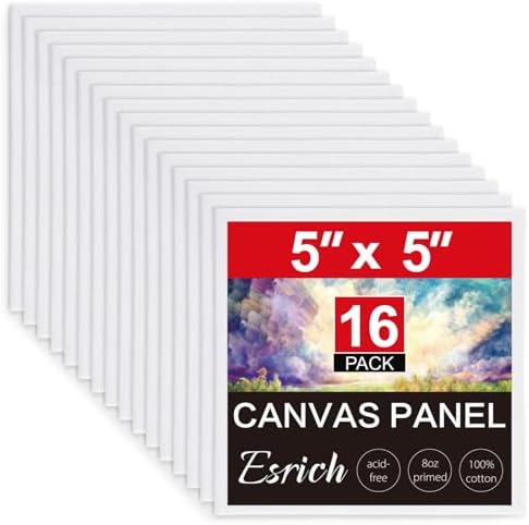 ESRICH Canvas Boards for Painting, 16 Pack Canvases 5x5 100% Cotton Small Paint Canvas Primed Acid Free Mini Blank Canvas Panels for Oil, Watercolor, Acrylic, Gouache & Tempera by ESRICH