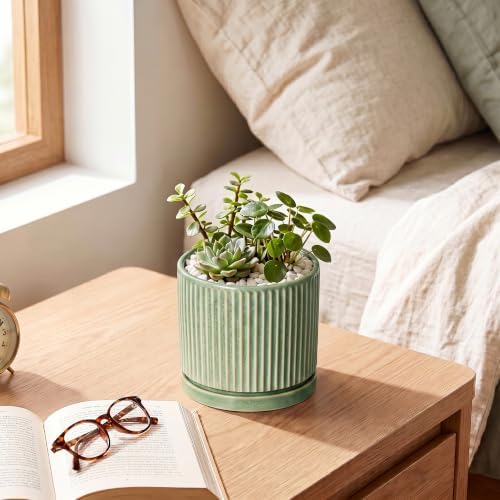 4 Inch Plant Pots, Ceramic Planter, Round Flower Pots, Green - Image 6