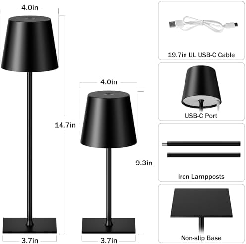 Kakanuo Black Cordless Rechargeable Table Lamp, 2 Pack Portable Desk Lamp with 5000mAh Battery, Touch Control Stepless Dimming, Wireless Night Light for Dining, Outdoor Camping, Coffee Shop - Image 5