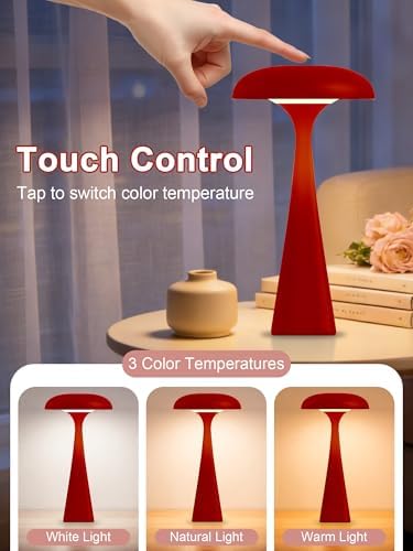 Cordless Mushroom Lamp,Red Small Table Lamp,Vintage Aesthetic Lamp - Image 3