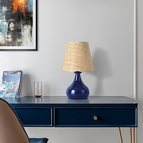 Ziqqeelam Navy Blue Small Table Lamp, Mini Bedroom Lamps for Bedside Nightstand, Rattan Shade Small Table Lamps for Small Spaces for Kitchen Counter, Bookshelf, Home Office, Living Room, Dorm by Unknown