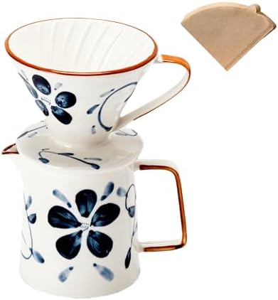 Pour Over Coffee Maker,Ceramic Coffee Maker With 40 pcs Paper Filter，15oz/450ml Pour Over Coffee Dripper (Blue and white, V02) by HYAXGM