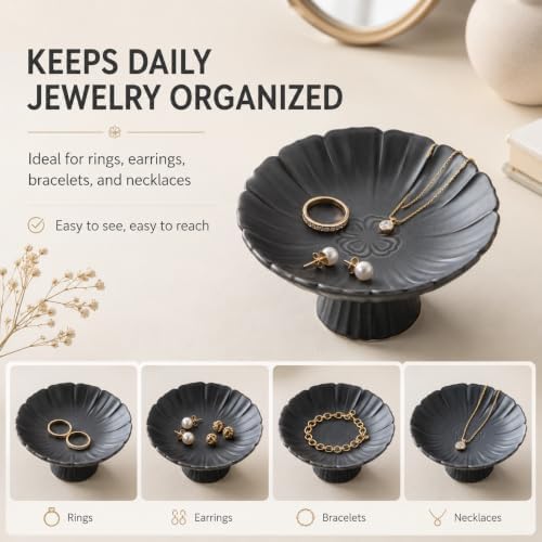 Ceramic Jewelry Dish Tray, Matte Black Lotus Ring Holder with Pedestal Base, Trinket Dish for Rings, Earrings and Necklaces, Vanity Organizer for Dresser, Nightstand or Bathroom, Gift for Women - Image 4