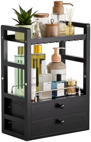 AmazerBath Bamboo Bathroom Counter Organizer, 2-Tier Makeup Organizer with 2 Drawers, Vanity Organizer Storage Coffee Matcha Station, Compact Shelf for Bathroom Kitchen Office Countertop, Black by AmazerBath