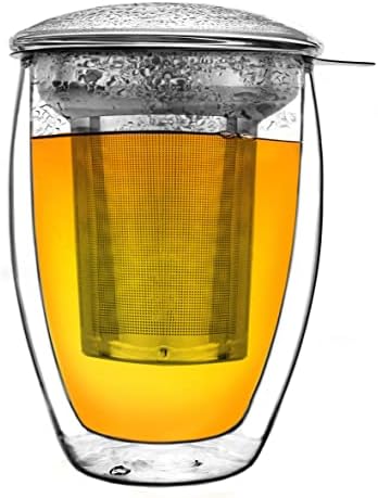 Creano Double Walled Tea Glass with Stainless Steel Filter and Glass Lid - 14oz (400ml) by Creano