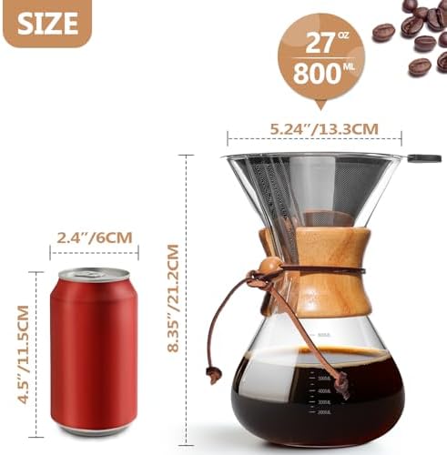 Pour Over Coffee Maker 27 OZ, 8 Cup Borosilicate Glass Drip Coffee Maker with Reusable Stainless Steel Filter and Cork Grip for Home Café 800 ML - Image 4