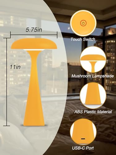 Cordless Mushroom Lamp,Yellow Small Table Lamp,Vintage Aesthetic Lamp - Image 5