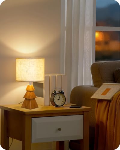 Wood Table Lamp, Wood Bedside Lamp with Tree-Shaped Base & Linen Lampshade, Modern Cute Desk Lamp for Living Room, Bedroom, E26 Base, Bulb Not Included, Beige and Dark Natural LE08TL05 - Image 4