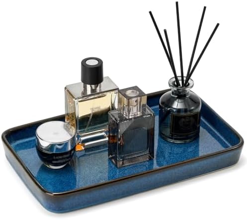 10"×6"×1" Bathroom Vanity Tray for Countertop- Ceramic Decorative Organizer Tray for Dresser Tops, Toilet, Perfume, Sponge Holder Soap Dish Dispenser for Kitchen Counter- Kiln-Transformed Blue by StylishHomeDecorforYou