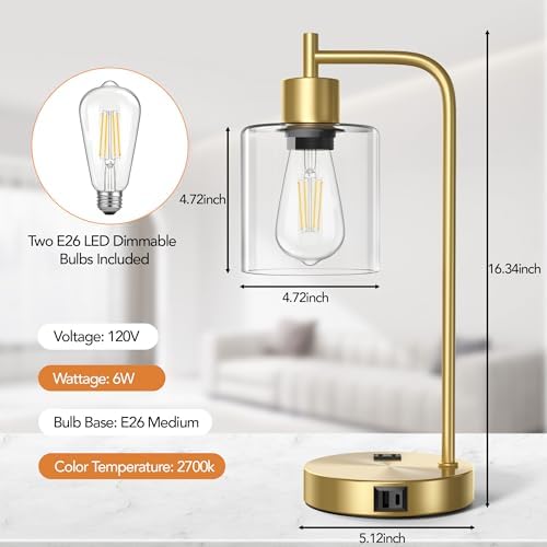 QiMH Set of 2 Industrial Table Lamps, Glass Desk Lamp for Living Room - Image 3