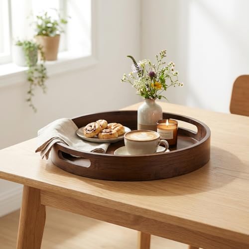 Round Trays Home Decor, 11.8" Large Round Wood Tray for Ottoman Coffee Table Trays, Wooden Kitchen Serving Decorative Trays for Home Office Counter Serveware Organizer, Walnut - Image 3